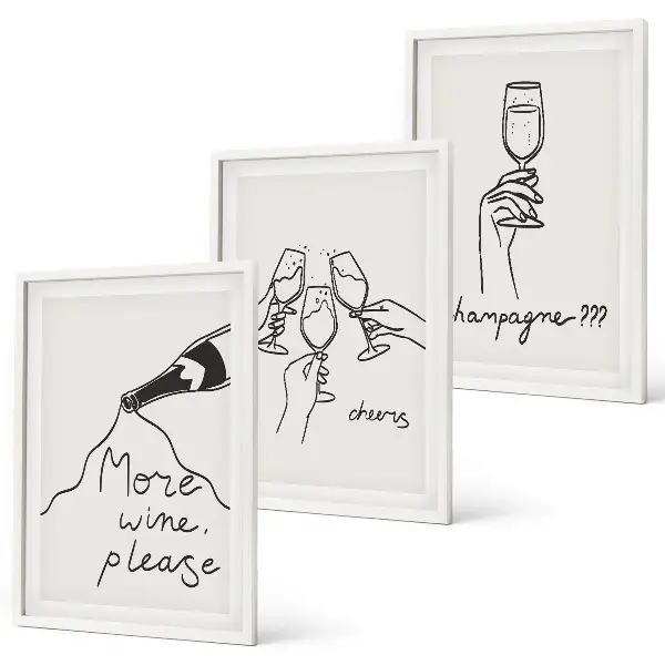 Champagne Wine line-art framed wall art set of 3 pieces