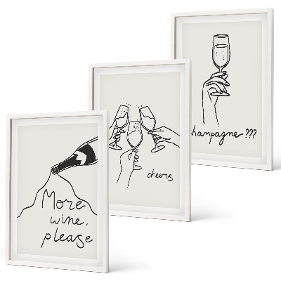Set of 3 framed wall art pieces Champagne Wine line-art
