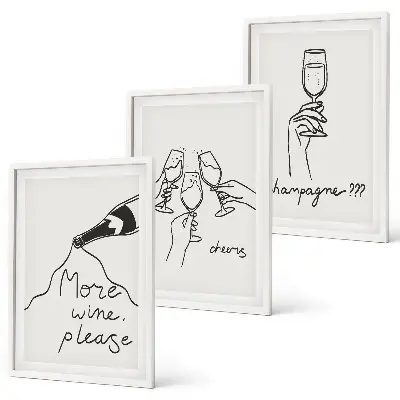 Champagne Wine line-art framed wall art set of 3 pieces