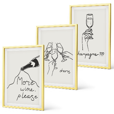 Set of 3 framed wall art pieces Champagne Wine line-art