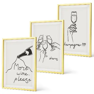 Champagne Wine line-art framed wall art set of 3 pieces