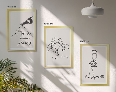 Set of 3 framed wall art pieces Champagne Wine line-art