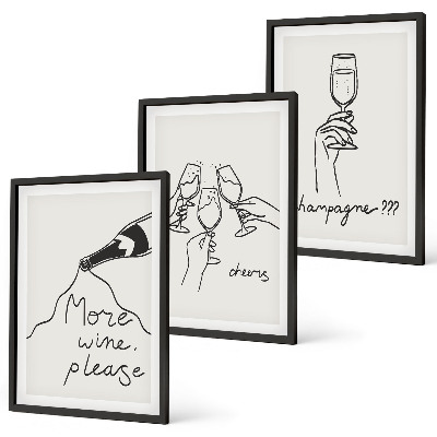 Set of 3 framed wall art pieces Champagne Wine line-art