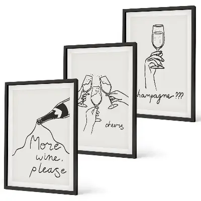Champagne Wine line-art framed wall art set of 3 pieces