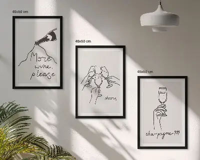 Champagne Wine line-art framed wall art set of 3 pieces
