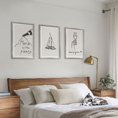Three-piece wall art piece Wine sailboat glass line-art