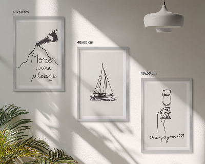 Three-piece wall art piece Wine sailboat glass line-art