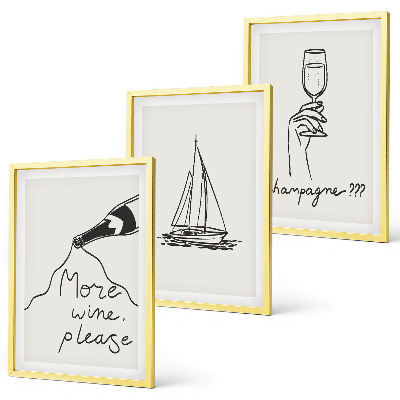 Three-piece wall art piece Wine sailboat glass line-art