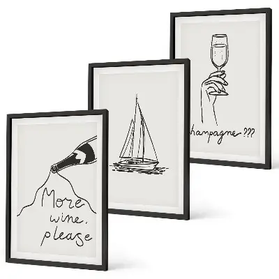 Three piece wine sailboat line art wall decor three piece glass wall art set