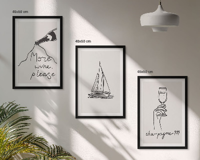 Three-piece wall art piece Wine sailboat glass line-art