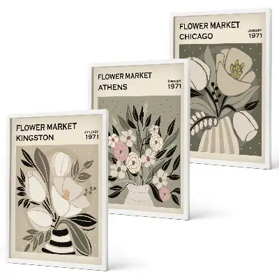 Retro floral arrangements three-piece wall art set