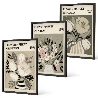 Retro floral arrangements three-piece wall art set
