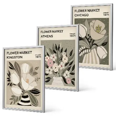 Retro floral arrangements three-piece wall art set