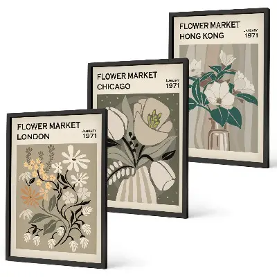Flower Fairs London Chicago Hong Kong wall art set of 3 framed pieces