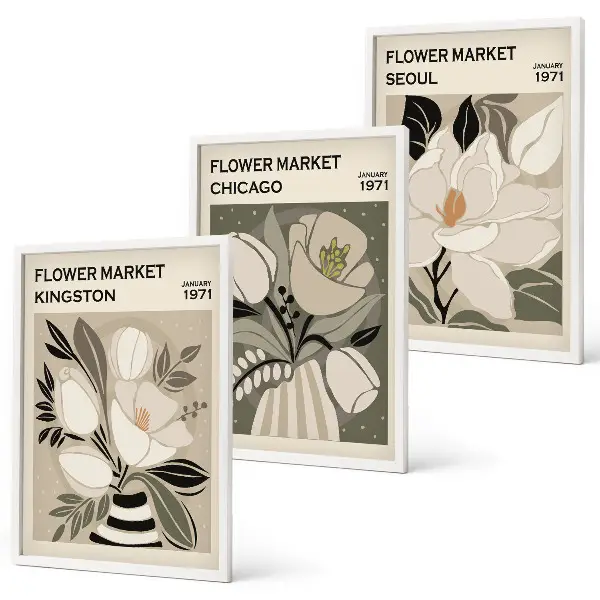 Wall art set featuring retro flowers in Kingston, Seoul, and Chicago