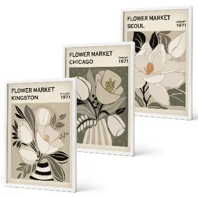 Wall art set featuring retro flowers in Kingston, Seoul, and Chicago