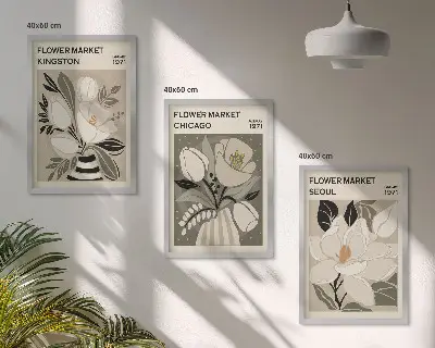 Wall art set featuring retro flowers in Kingston, Seoul, and Chicago