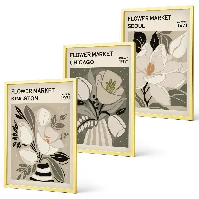 Wall art set featuring retro flowers in Kingston, Seoul, and Chicago