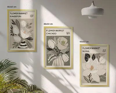 Wall art set featuring retro flowers in Kingston, Seoul, and Chicago