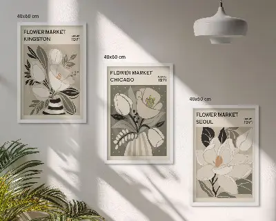 Wall art set featuring retro flowers in Kingston, Seoul, and Chicago