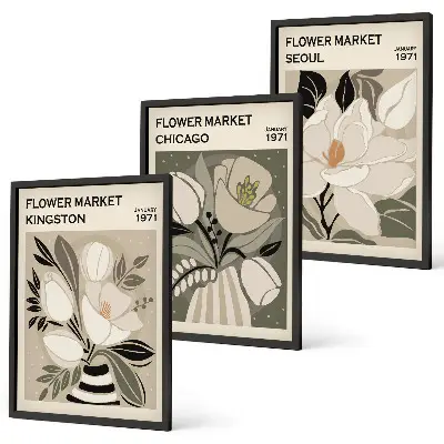 Wall art set featuring retro flowers in Kingston, Seoul, and Chicago