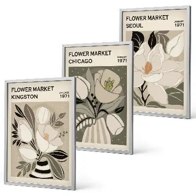Wall art set featuring retro flowers in Kingston, Seoul, and Chicago