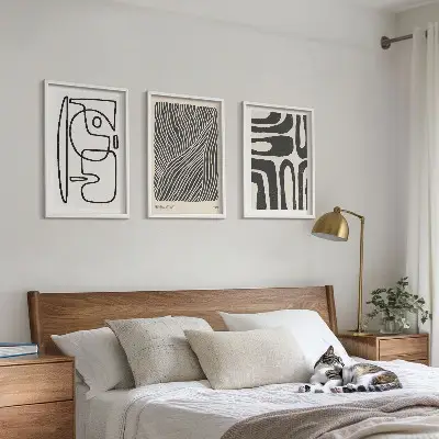 Three-piece abstract wall art set with patterns, lines, and textures