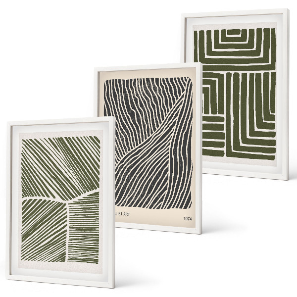 Set of 3 framed wall art pieces Patterns lines shapes green