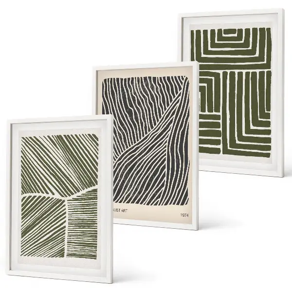 Set of 3 framed wall art pieces with green patterned lines and shapes