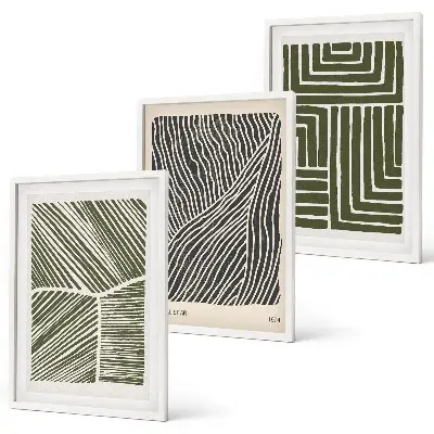 Set of 3 framed wall art pieces with green patterned lines and shapes