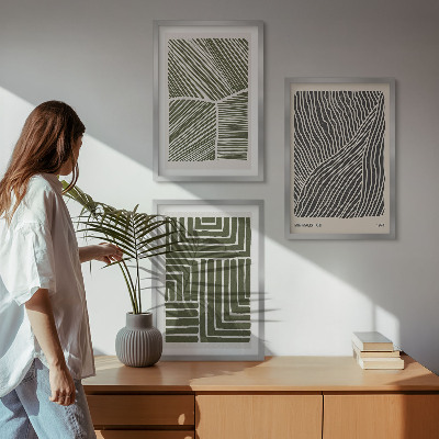Set of 3 framed wall art pieces Patterns lines shapes green