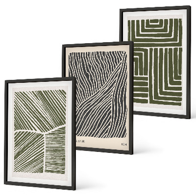 Set of 3 framed wall art pieces Patterns lines shapes green