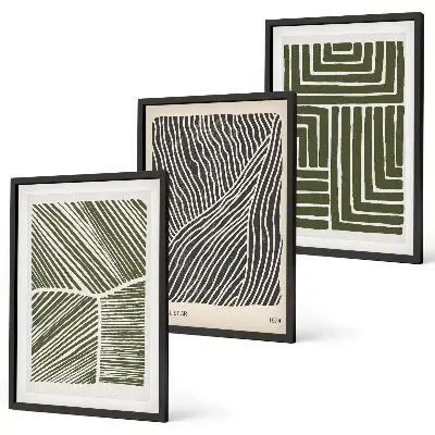Set of 3 framed wall art pieces with green patterned lines and shapes