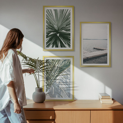 Wall art set Palm leaves wooden bridge