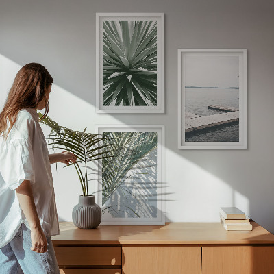 Wall art set Palm leaves wooden bridge