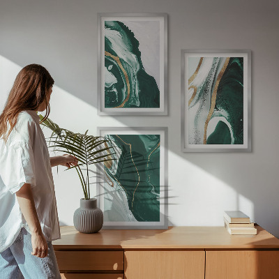 Set of 3 framed wall art pieces Abstract green paint patterns