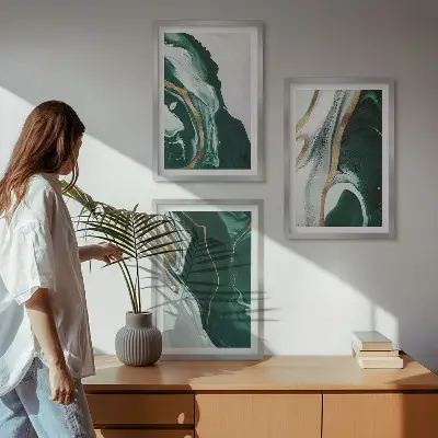 Abstract green paint patterns wall art set of 3 framed pieces