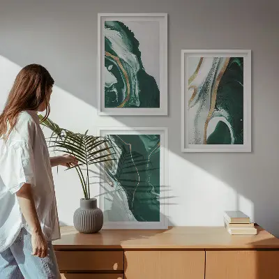 Abstract green paint patterns wall art set of 3 framed pieces
