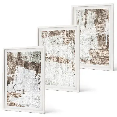 Set of 3 framed wall art pieces abstract patterns in white and brown