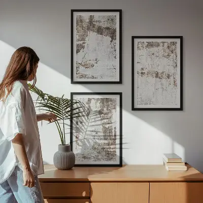 Set of 3 framed wall art pieces abstract patterns in white and brown