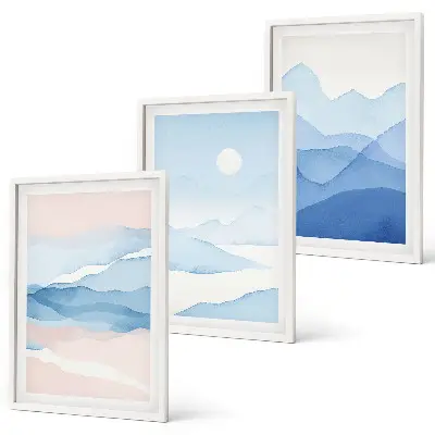Blue pink mountains watercolor wall art set of 3 framed pieces