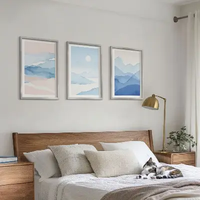 Blue pink mountains watercolor wall art set of 3 framed pieces