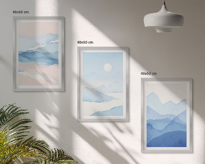 Set of 3 framed wall art pieces Blue pink mountains watercolor