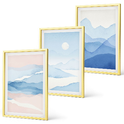 Set of 3 framed wall art pieces Blue pink mountains watercolor