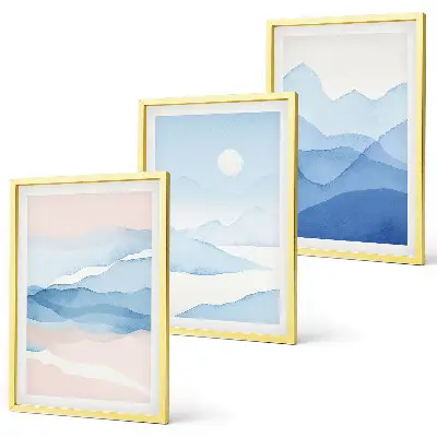 Blue pink mountains watercolor wall art set of 3 framed pieces