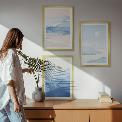 Set of 3 framed wall art pieces Blue pink mountains watercolor