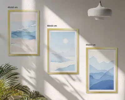 Blue pink mountains watercolor wall art set of 3 framed pieces