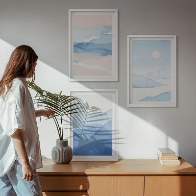 Set of 3 framed wall art pieces Blue pink mountains watercolor