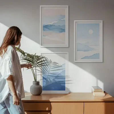 Blue pink mountains watercolor wall art set of 3 framed pieces