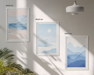 Set of 3 framed wall art pieces Blue pink mountains watercolor